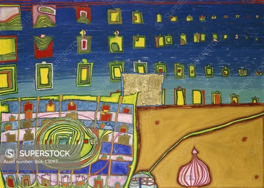 Heimweh der Fenster-Heimweh ins Meer. Friedensreich Hundertwasser (1928-2000). Watercolour, egg tempera, oil and goldleaf on paper mounted on canvas. Dated 1964. 70 x 97cm.