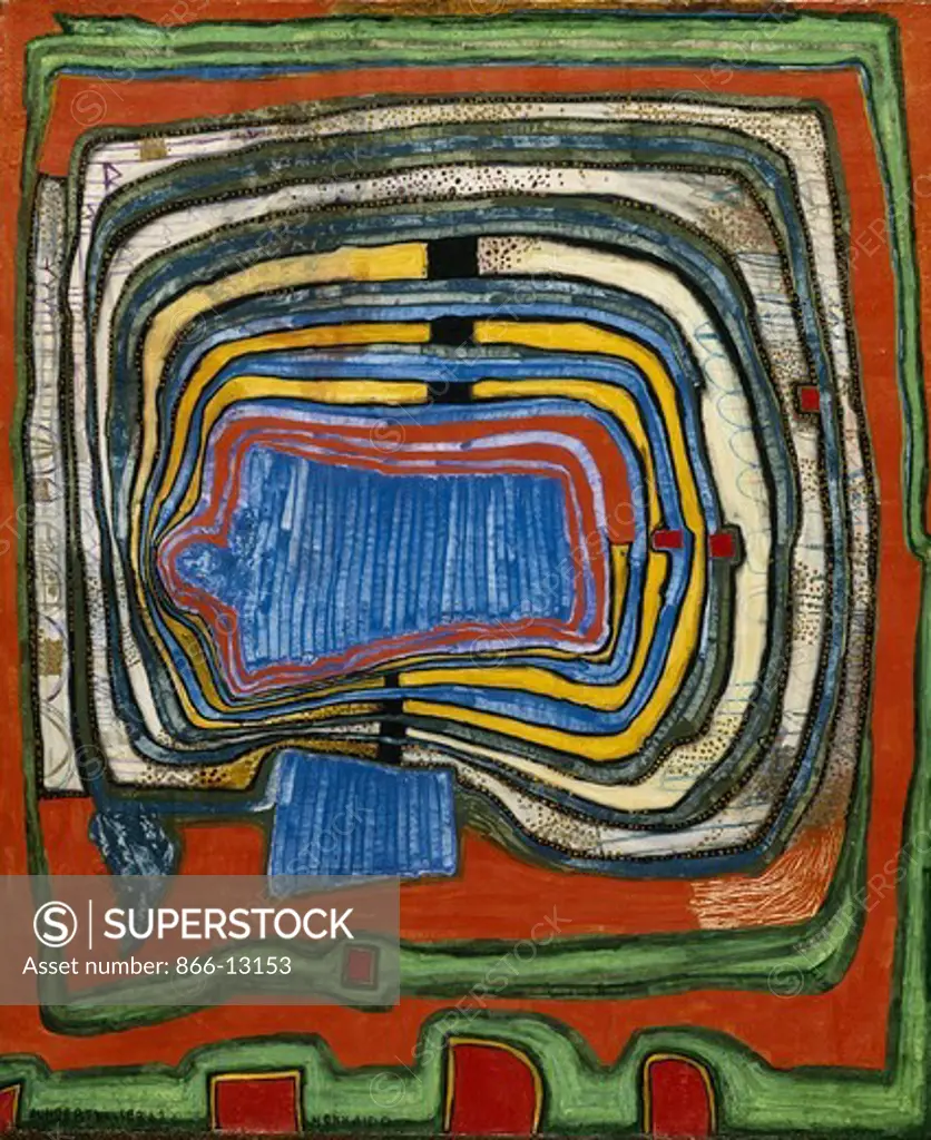 Spirale in Gold Rain. Friedensreich Hundertwasser (1928-2000). Egg tempera and gold paint on paper mounted on burlap. Dated July 1961. 73 x 60.3cm.