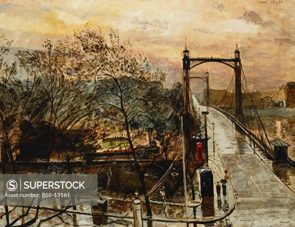 Albert Bridge, Dusk. Carel Weight (1908-1997). Oil on canvas. Painted in 1952. 70 x 90cm.