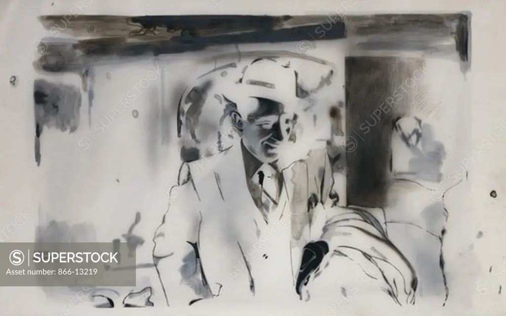 I'm Dreaming of a White Christmas. Richard Hamilton (1922-2011). Black ink, watercolour and graphite on paper and two plastic films. Dated 1967. 58.5 x 91.5cm. The subject of this artwork is the actor Bing Crosby as seen in a hotel lobby in the film White Christmas.