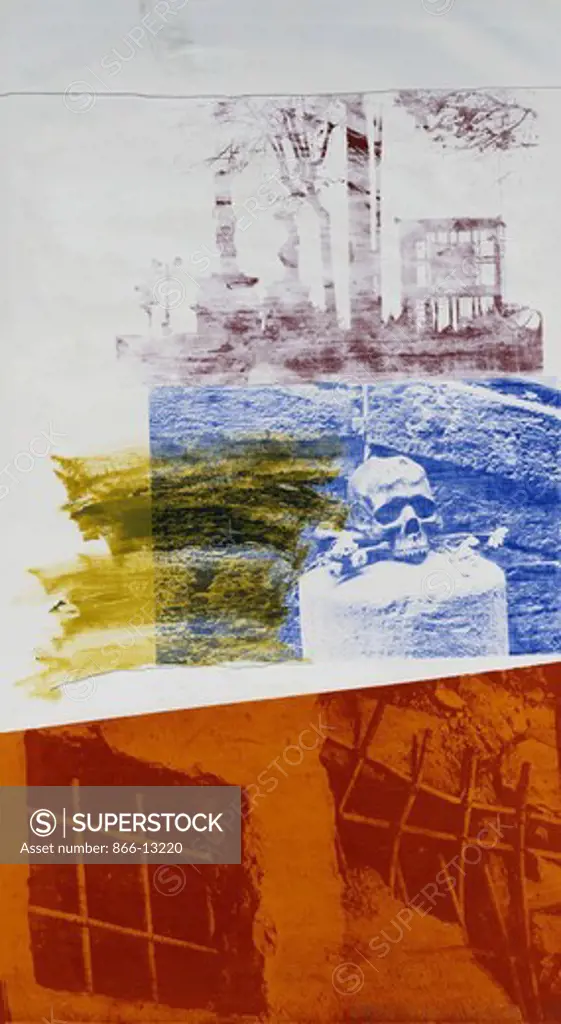 Albeit. Robert Rauschenberg (1925-2008). Acrylic silkscreen and pencil on fabric laminated paper mounted on canvas. Dated 1988. 162.5 x 90.2cm.