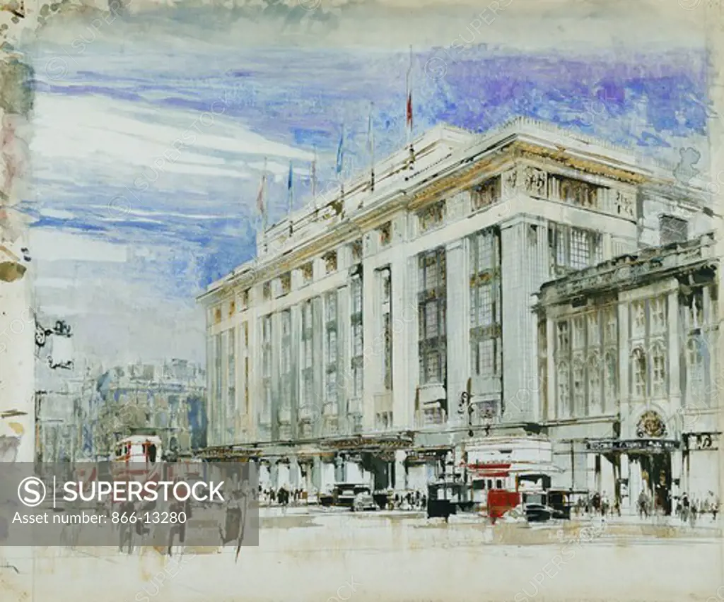 A Perspective Design for Derry and Toms, Kensington High Street (fl. 1930s). William Walcot (1874-1943), to the Design of Bernard George (fl. 1930s). Pencil and watercolour heightened with white. 77.5 x 94cm.
