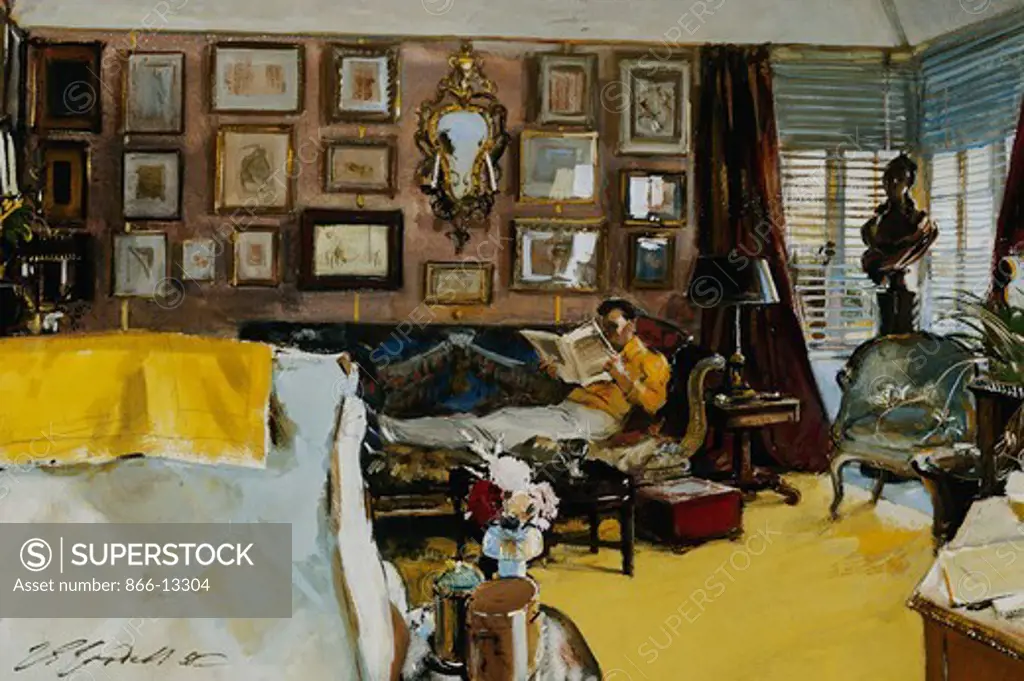 William Henderson Reading in his Sitting Room, Vention, North Devon. John Strickland Goodall (1908-1996). Oil on board. Dated 1986. 356 x 508mm