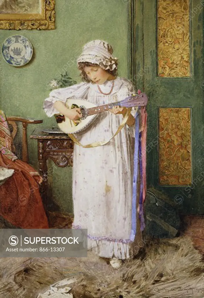 A Girl Playing a Mandolin. Carlton Alfred Smith (1853-1946). Pencil and watercolour heightened with white. Signed and datd 1899. 38.1 x 46.6cm.