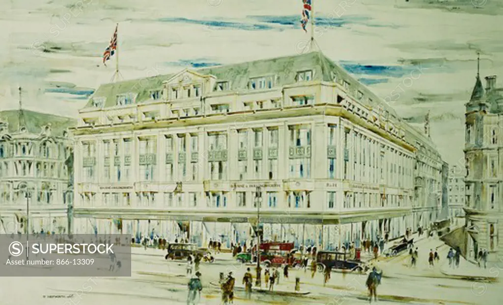 Design for Bourne and Hollingsworth, now The Oxford Street Plaza; a Perspective View from Oxford Street. Philip Dalton Hepworth (1888-1963), to the Design of John Arthur Slater (1885-1963) and Arthur Hamilton Moberly (1885-1952). Pencil and watercolour heightened with bodycolour. 57.5 x 93.4cm.
