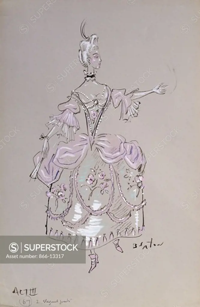 Costume Design for an Elegant Guest, Act III. Cecil Beaton (1904-1980). Watercolour, bodycolour, brush and black ink on grey paper. 50.2 x 32.4cm.