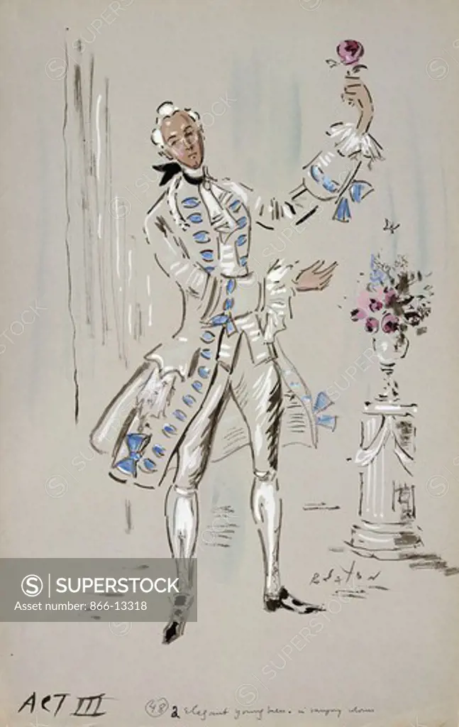 An Elegant Young Man, a Design for 'Adriana Le Couvreur' Metropolitan Opera 1962. Cecil Beaton (1904-1980). Watercolour, bodycolour, brush and black ink, heightened with white. 50.8 x 31.8cm.
