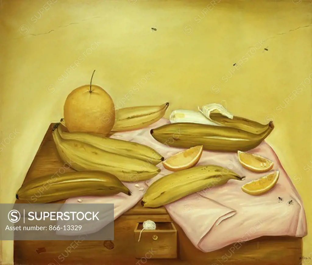 Still Life with Bananas and Oranges; Naturaleza Muerta con Bananas y Naranjas. Fernando Botero (b. 1932). Oil on canvas. Dated 1970. 94 x 110.5cm.