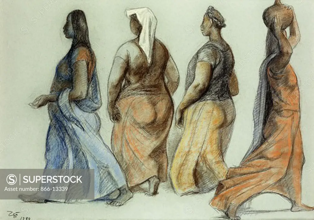 Women Walking; Mujeres Caminando. Francisco Zuniga (1912-1998). Pastel and charcoal on blue paper. Dated 1980. 50 x 70cm.