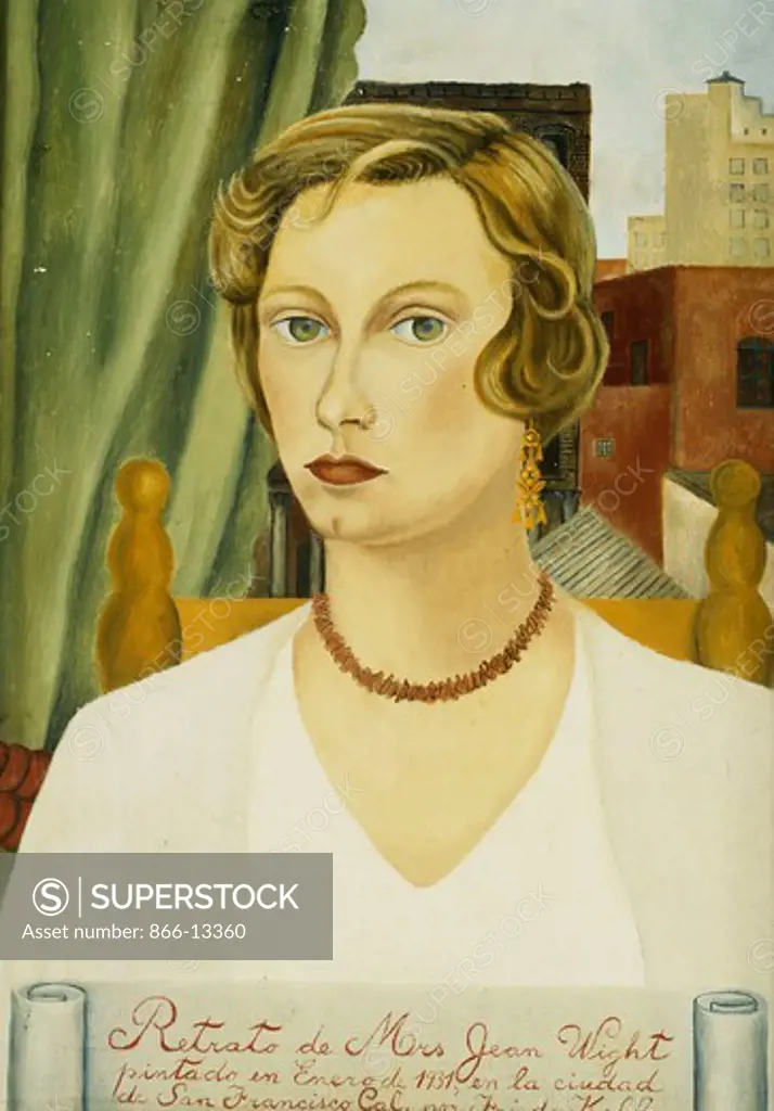 Portrait of Mrs. Jean Wright; Retrato de Mrs. Jean Wright. Frida Kahlo (1907-1954). Oil on canvas. 63.5 x 45.6cm. Painted in San Francisco in January 1931. Jean Wright was the wife of the artist Clifford Wright who was in charge of the assistants working with Diego Rivera on the murals he created for the Stockmarket in San Francisco.