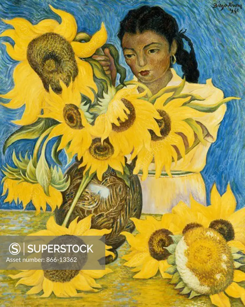 Girl with Sunflowers; Muchacha con Girasoles. Diego Rivera (1886-1957). Oil on masonite. Signed and dated 1941. 92.5 x 74.5cm.