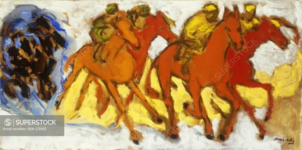 Bedouins on Horseback (Racing). Mane-Katz (1894-1962). Oil on canvas. Painted in 1950-59. 50.2 x 100.3cm