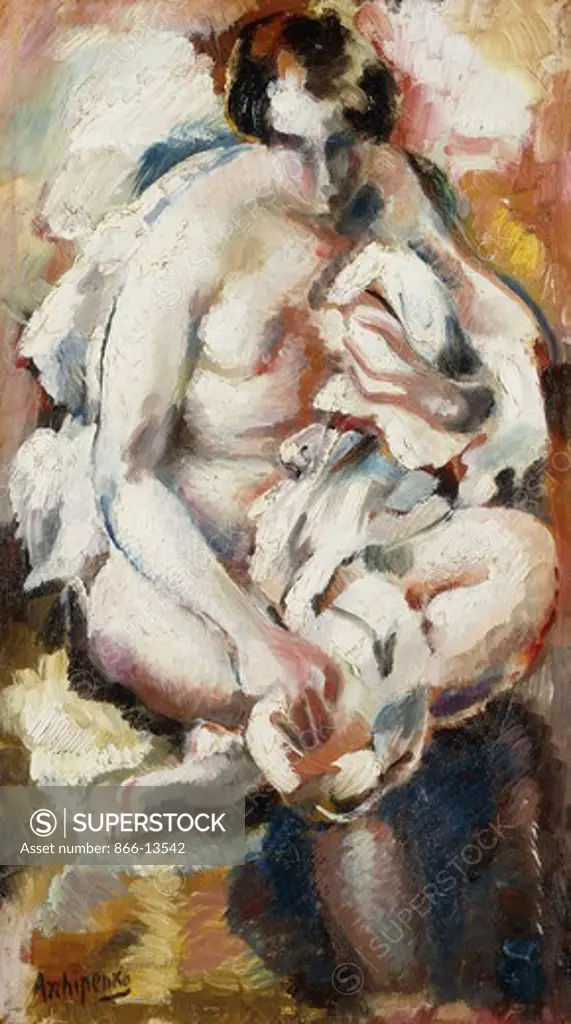 After the Bath; Apres le Bain. Alexander Archipenko (1887-1964). Oil on panel. 43.3 x 24.2cm