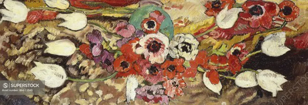 Anemones and White Tulips; Anemones et Tulipes Blanches. Louis Valtat (1869-1952). Oil on canvas. Painted in 1926. 27 x 76cm