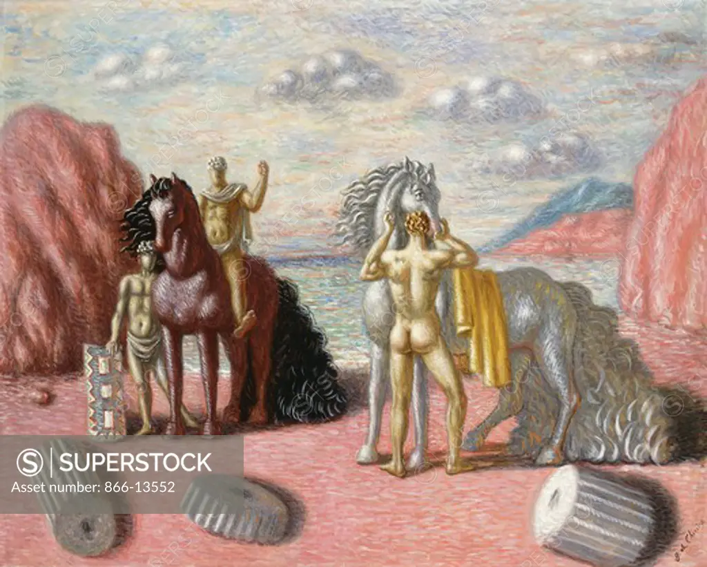 Horses and Riders on the Seashore; Cavalli e Cavalieri Sulla Spiaggia. Giorgio de Chirico (1888-1978). Oil on canvas. Painted in Florence in 1932-33. 80.5 x 99.5cm
