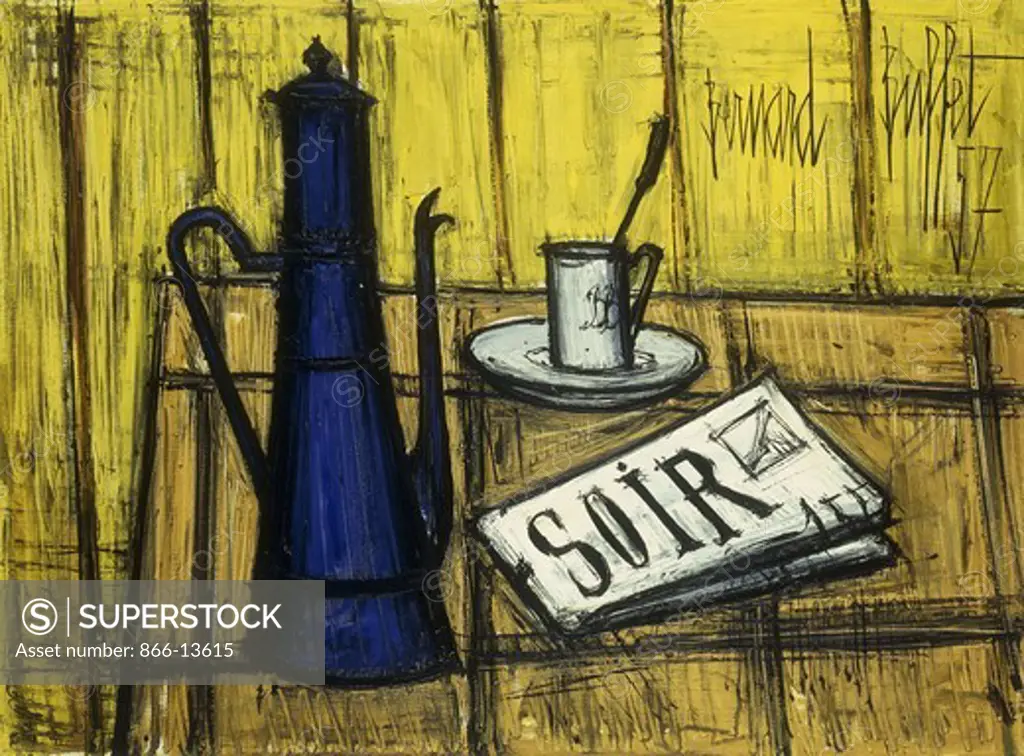 Still Life with Newspaper; Nature Morte au Journal. Bernard Buffet (1928-1999). Oil on canvas. Painted in 1957. 54 x 73cm