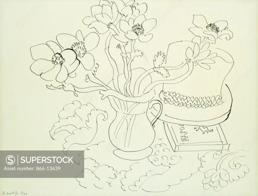 Vase d'Anemones. Henri Matisse (1869-1954).  Pen and India ink on paper laid on board. Drawn in March 1944. 40.4 x 52.7cm