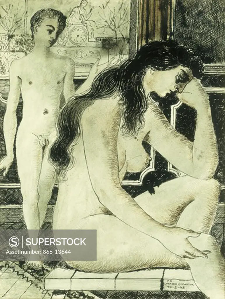 Seated Female Nudes; Femme Nue Assise. Paul Delvaux (1897-1994). Pen, brush, brown and India inks over pencil on paper. Drawn on February 14 1948. 34.9 x 26.7cm
