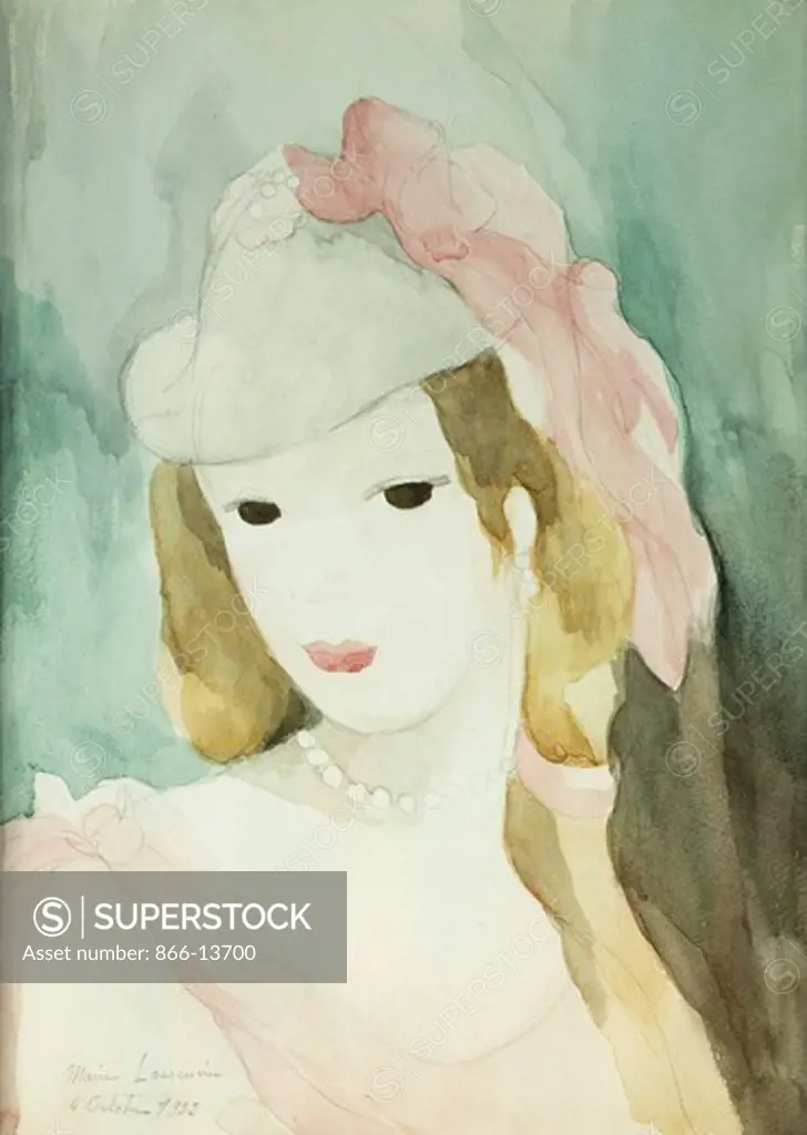 Woman in Pink; Femme en Rose. Marie Laurencin (1906-1976). Watercolour over pencil on paper. Painted on 4 October 1932. 34 x 24.8cm