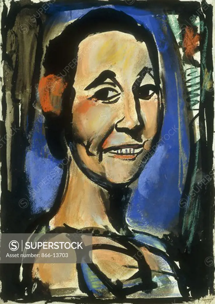 Portrait of Maria Lani, Actress (Smiling Woman); Portrait de Maria Lani, Actrice (Femme au Souire).  Georges Rouault (1871-1958). Watercolour, coloured chalk and brush and black India ink on paper laid on canvas. Painted in 1929. 52.4 x 37.5cm. Maria Lani was a mysterious woman who arrived in Paris in 1930 and persuaded 50 artists to paint her portrait.