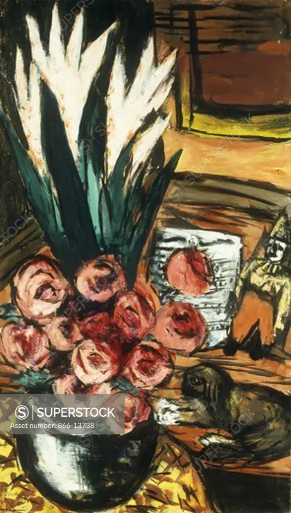 Still Life with Red Roses and Butchy; Stillben mit Roten Rosen und Butchy. Max Beckmann (1884-1950). Oil on canvas. Painted in Amsterdam, 1942. 95.9 x 55.6cm