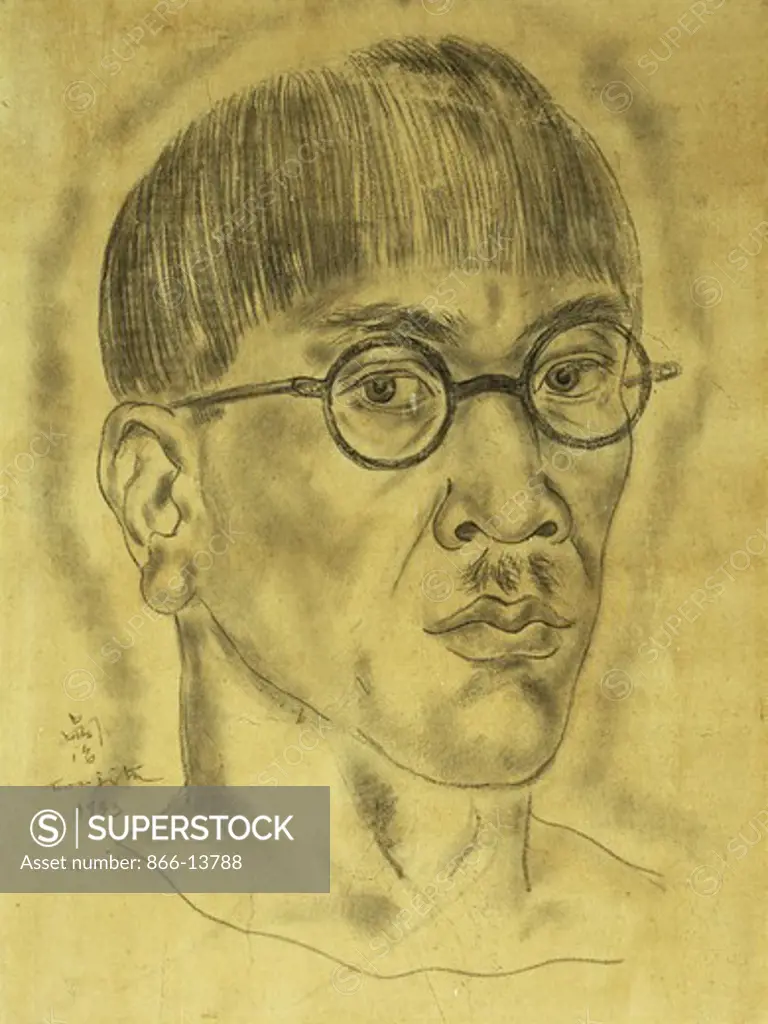 Auto-Portrait. Tsugouharu Leonard Foujita (1886-1968). Pencil on tan paper laid on board. Drawn in Mexico, 1933. 27.9 x 21.2cm