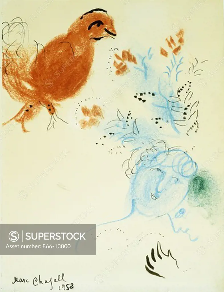 Lovers and a Red Bird; Les Amoureux et Oiseau Rouge. Marc Chagall (1887-1985). Coloured wax crayons, pen, and india ink on paper. Drawn in 1958. 25.4 x 21cm