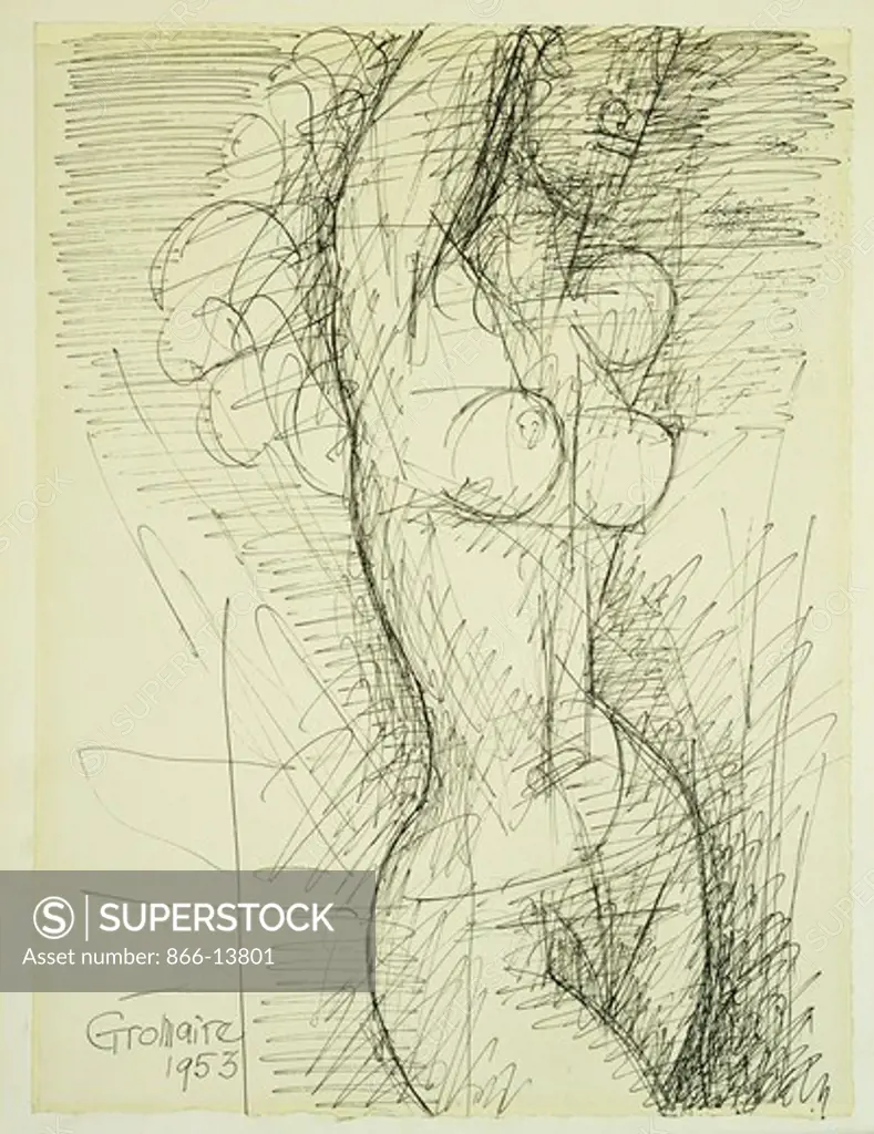 Standing Female Nude; Femme Nue Debout. Marcel Gromaire (1892-1971). Pen and India ink on paper laid on board. Drawn in 1953. 34 x 25.4cm