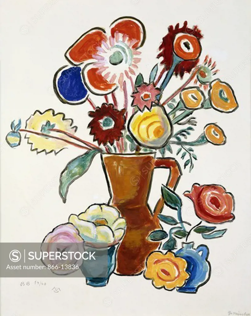 Dahlias and Roses; Dalien und Rosen. Gabriele Munter (1877-1962). Gouache, watercolour and pencil on paper. Executed 1910. 52.6 x 42cm.