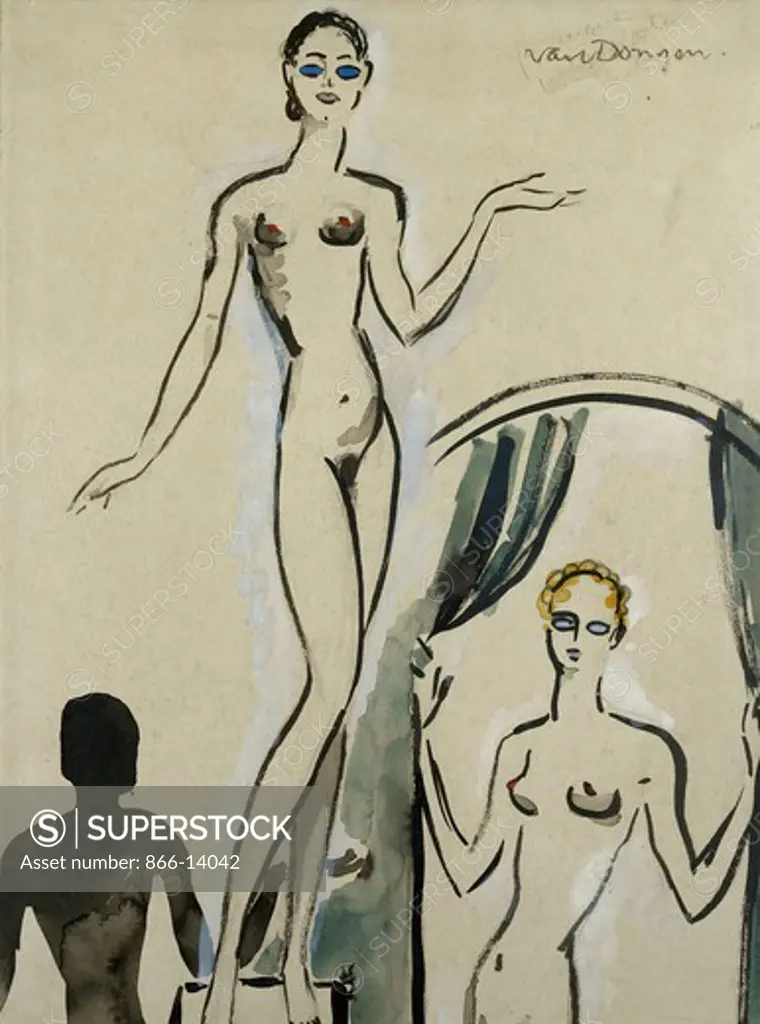 The Models; Les Modeles. Kees Van Dongen (1877-1968). Gouache, watercolour, brush and black ink on paper. 60 x 45cm