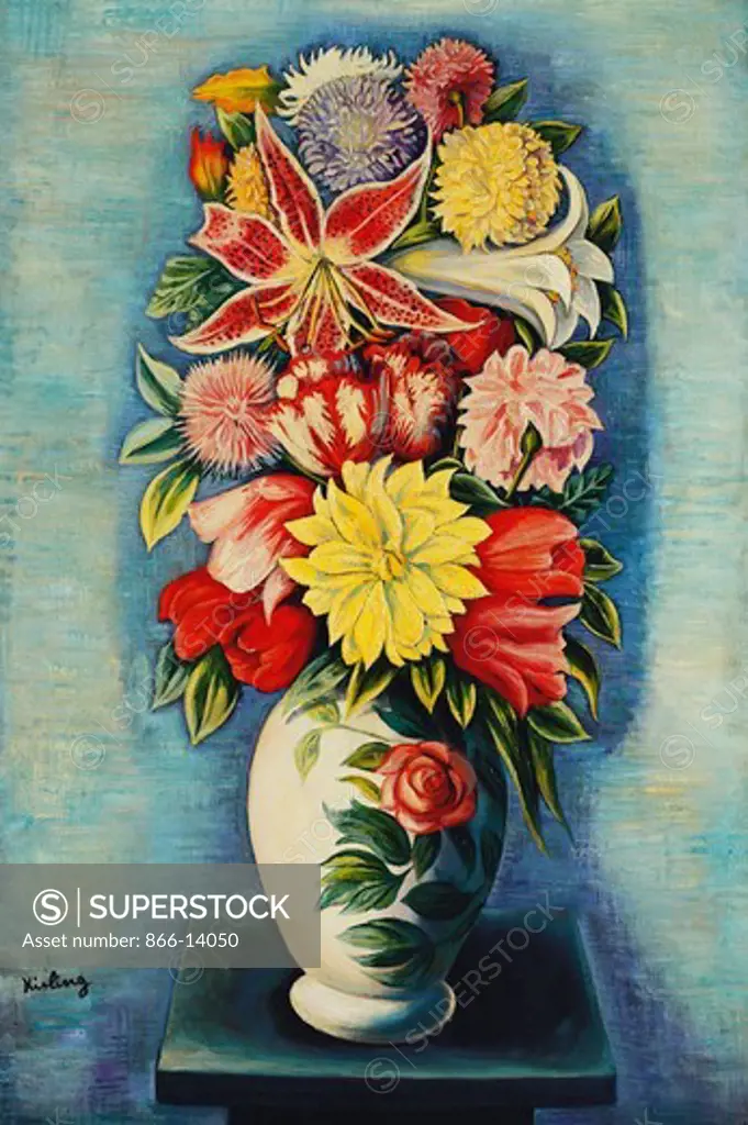 Flowers: Dahlias, Tulips, and Lilies; Bouquet de Fleurs: Dahlias, Tulipes, Lys et Liliums. Moise Kisling (1891-1953). Oil on canvas. Painted in 1945. 81 x 54.5cm.