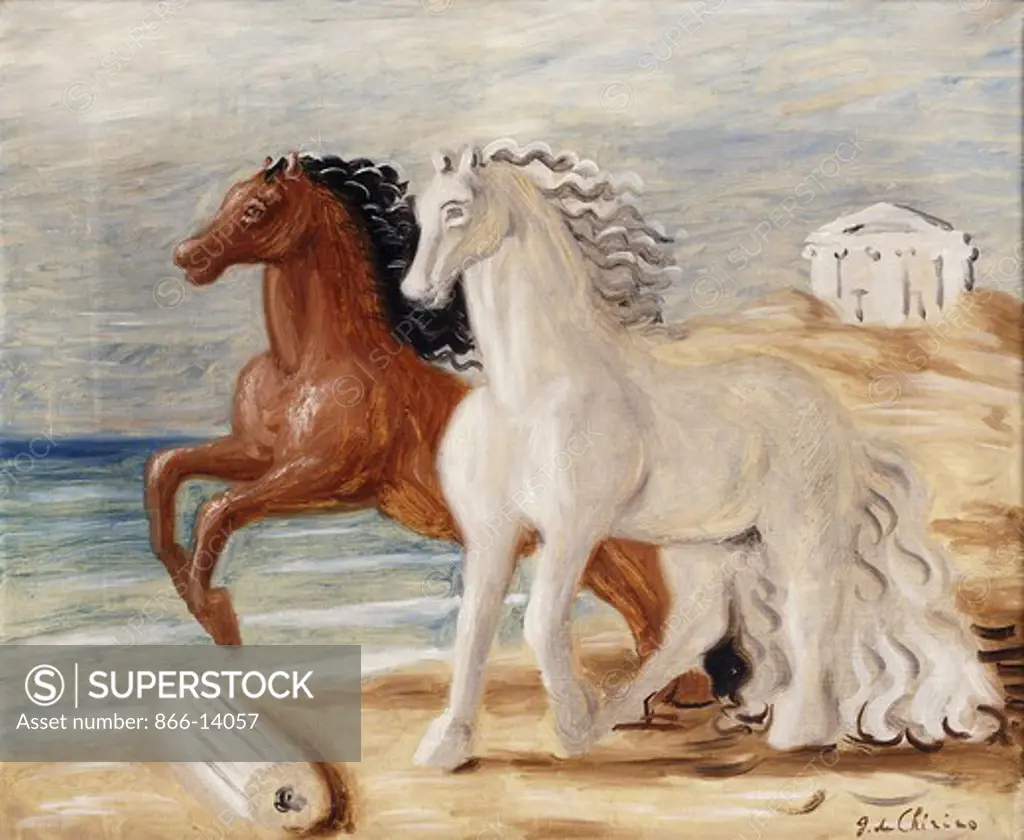 Two Horses on the Beach; Due Cavalli sulla Spiaggia. Giorgio de Chirico (1888-1978). Oil on canvas. 46.5 x 55.6cm.