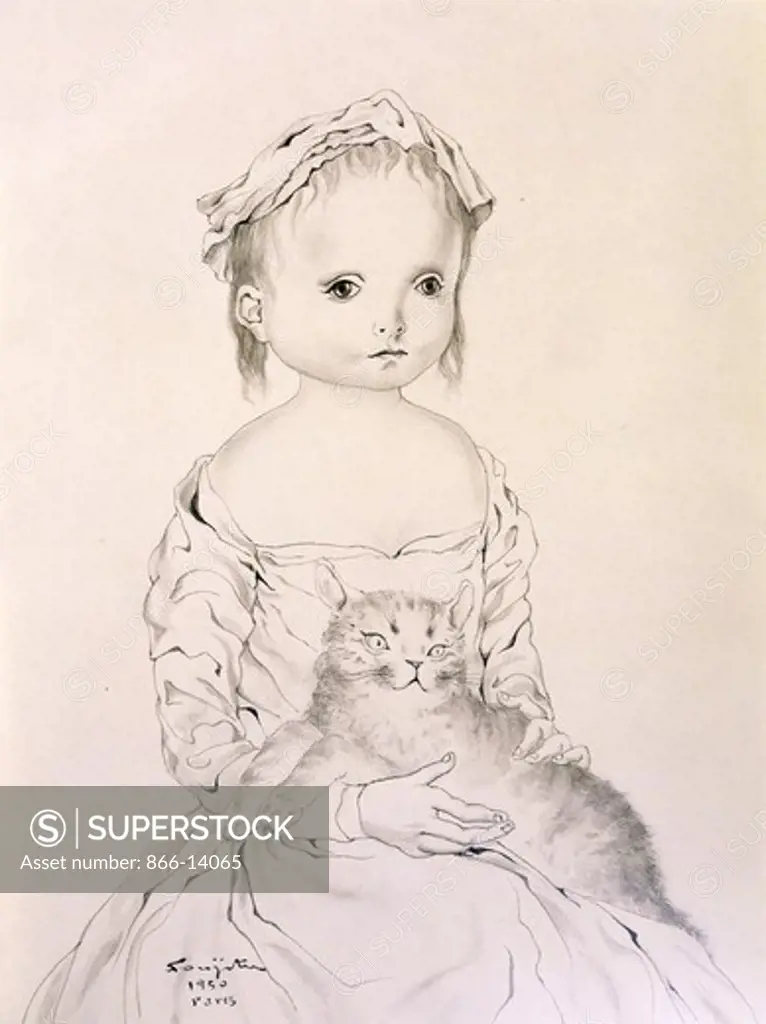 Girl and Cat; Fillette au Chat. Tsugouharu Leonard Foujita (1886-1968). Signed and dated 1950. Brush and grey wash on paper. Signed and dated 1950. 27.5 x 20.3cm.
