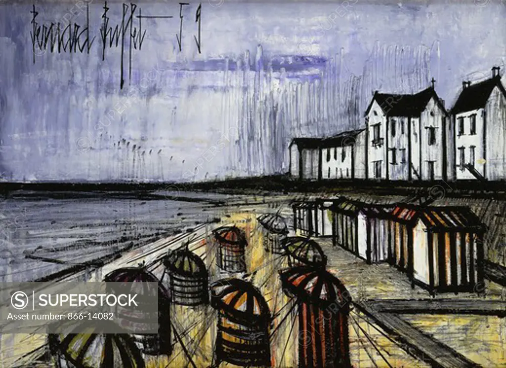 Cubicles on Deauville Beach; Cabines sur la Plage, Deauville. Bernard Buffet (1928-1999). Oil on canvas. Signed and dated 1959. 52 x 71cm