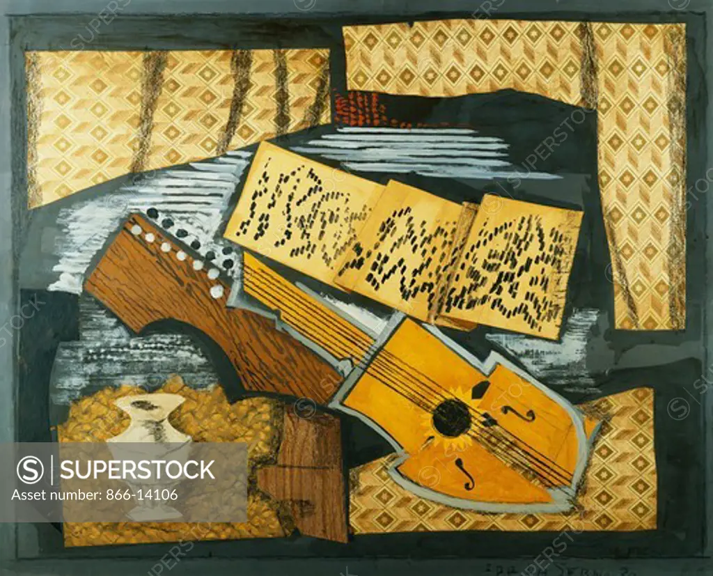 Still Life with Guitar; Naturaleza Muerta con Guitarra. Ismael Gonzales de la Serna (1887-1968). Collage and gouache on card. Executed in 1930. 65.5 x 81cm.
