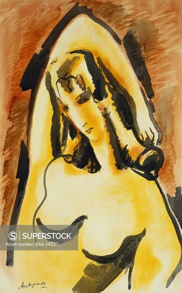Woman with Arm Raised; Femme au Bras Leve. Alexander Archipenko (1887-1964). Brush and black ink, watercolour and crayon on paper. 57 x 35.8cm.