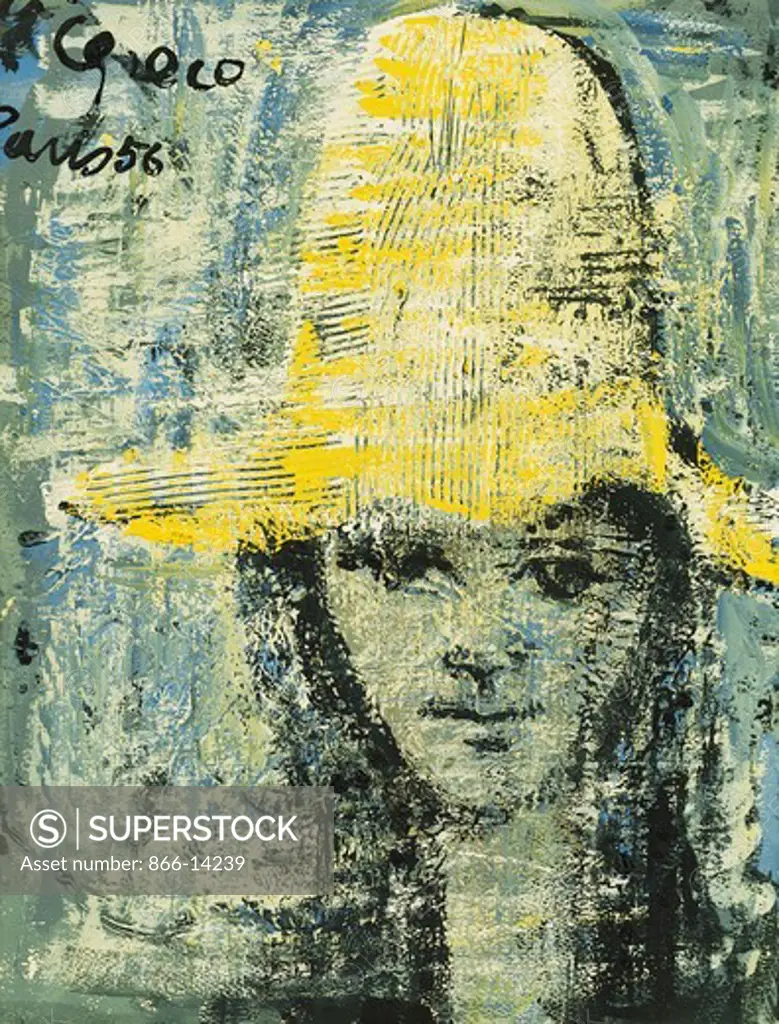 The Girl with the Yellow Hat; La Ragazza col Cappello Giallo. Emilio Greco (1913-1995). Oil on board. Painted in 1956. 40.6 x 30.5cm.