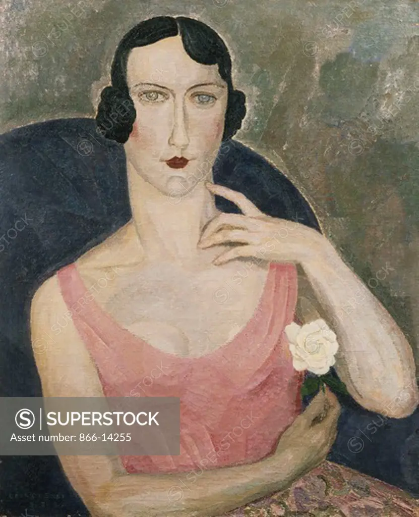 Woman's Bust, Hand Holding a Rose; Buste de Femme, un Rose a la Main. Leon de Smet (1881-1966). Oil on canvas. Signed and dated 1925. 69.5 x 56cm.