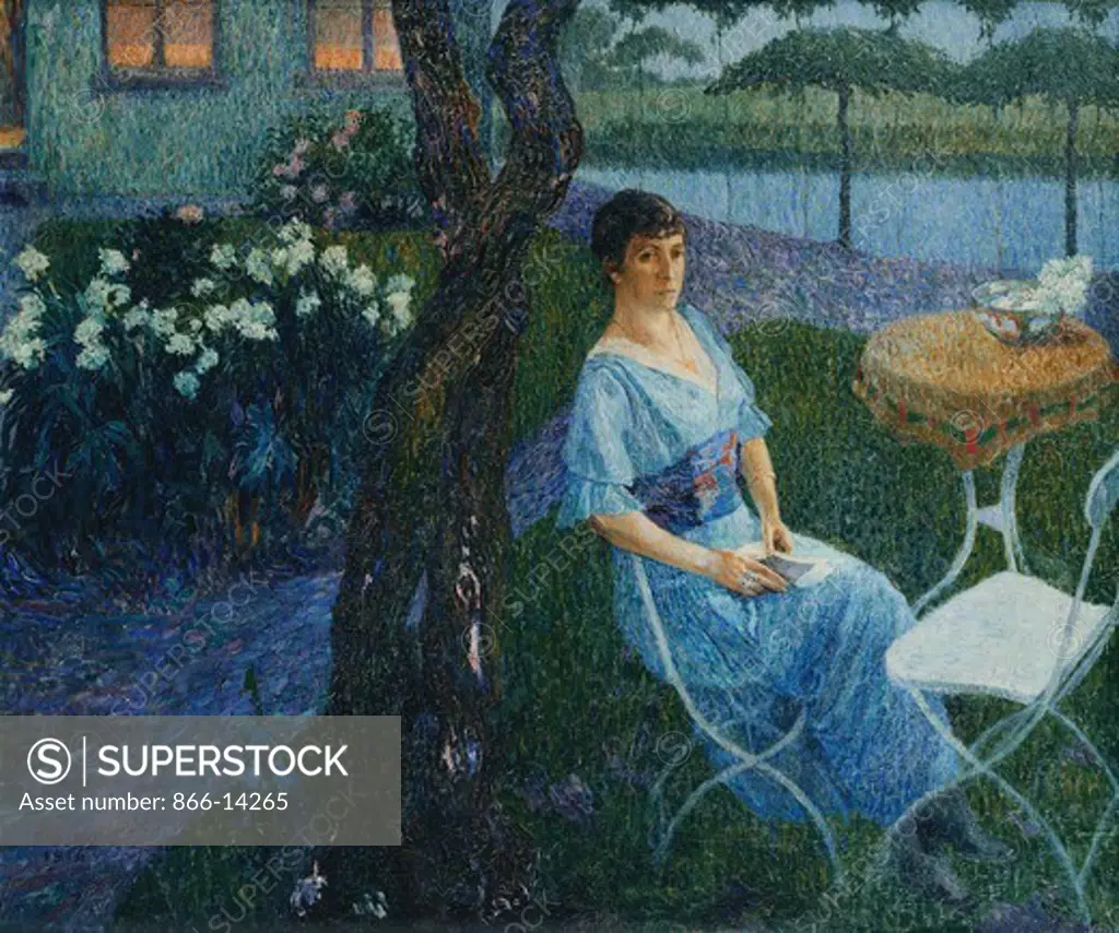 Woman Sitting Beside Lilies; Femme Assise au Bord de la Lys. Oscar Coddron (1881-1960). Oil on canvas. Signed and dated 1916. 122 x 147.5cm.