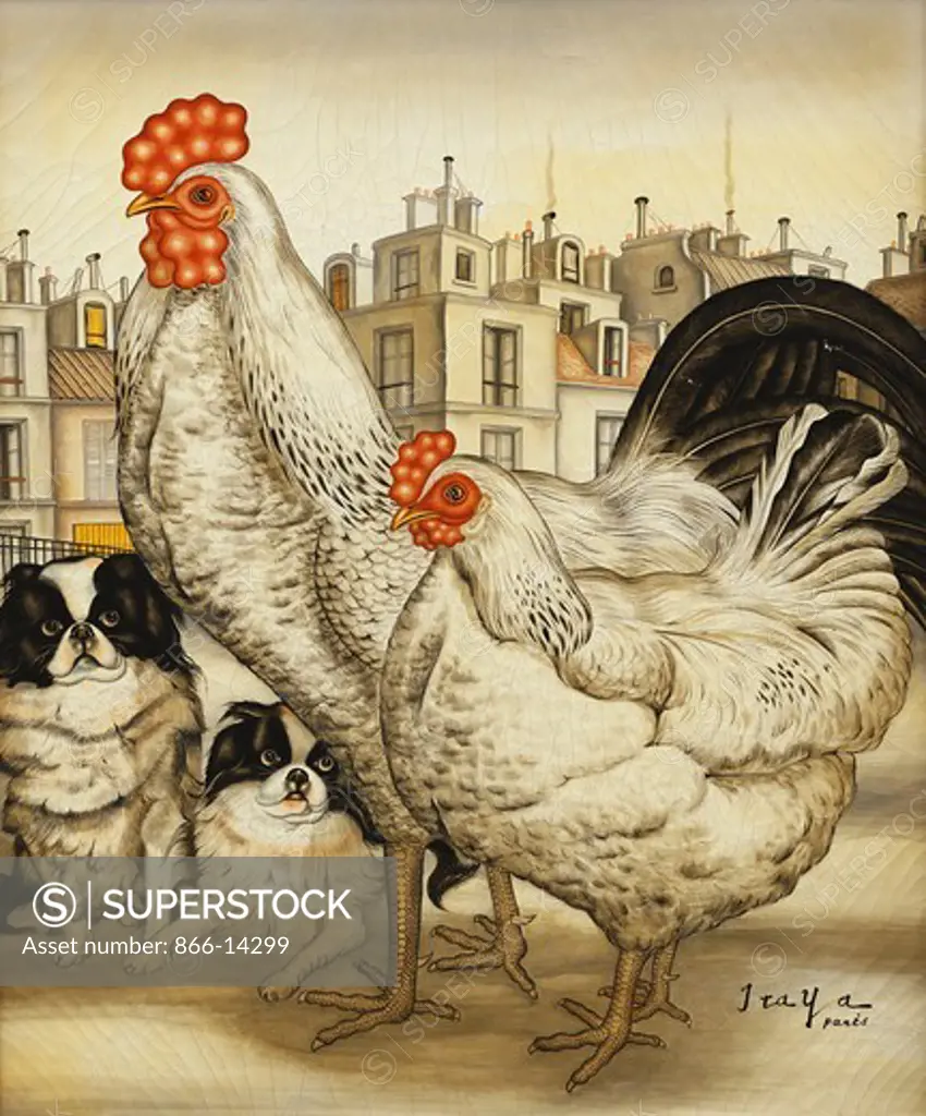 Chickens and Pekinese Dogs; Poulets et Pekinois. Foussa Itaya (b. 1919). Oil on canvas. 54.6 x 46.4cm.
