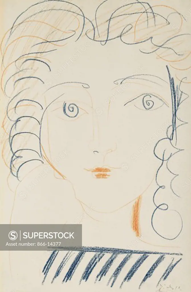 Portrait of a Woman; Portrait de Femme. Pablo Picasso (1881-1973). Coloured crayons on paper. Dated 1942. 50 x 35cm.