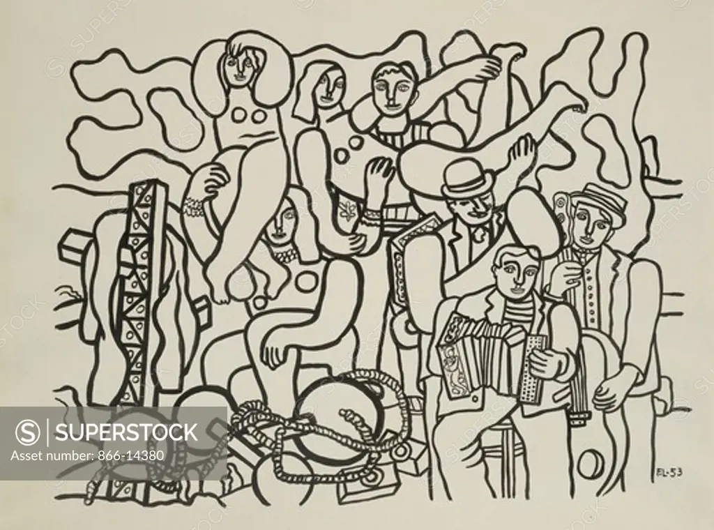 Acrobats and Musicians; Les Acrobates et les Musiciens. Fernand Leger (1881-1955). Brush and black ink on paper. Drawn in 1953. 54 x 73cm.