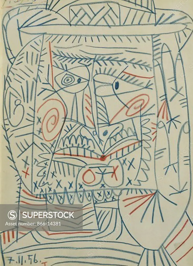 Man's Head in a Hat; Tete d'Homme au Chapeau. Pablo Picasso (1881-1973). Coloured crayons on paper laid down on canvas. Drawn on 7 November 1956. 32 x 23cm.