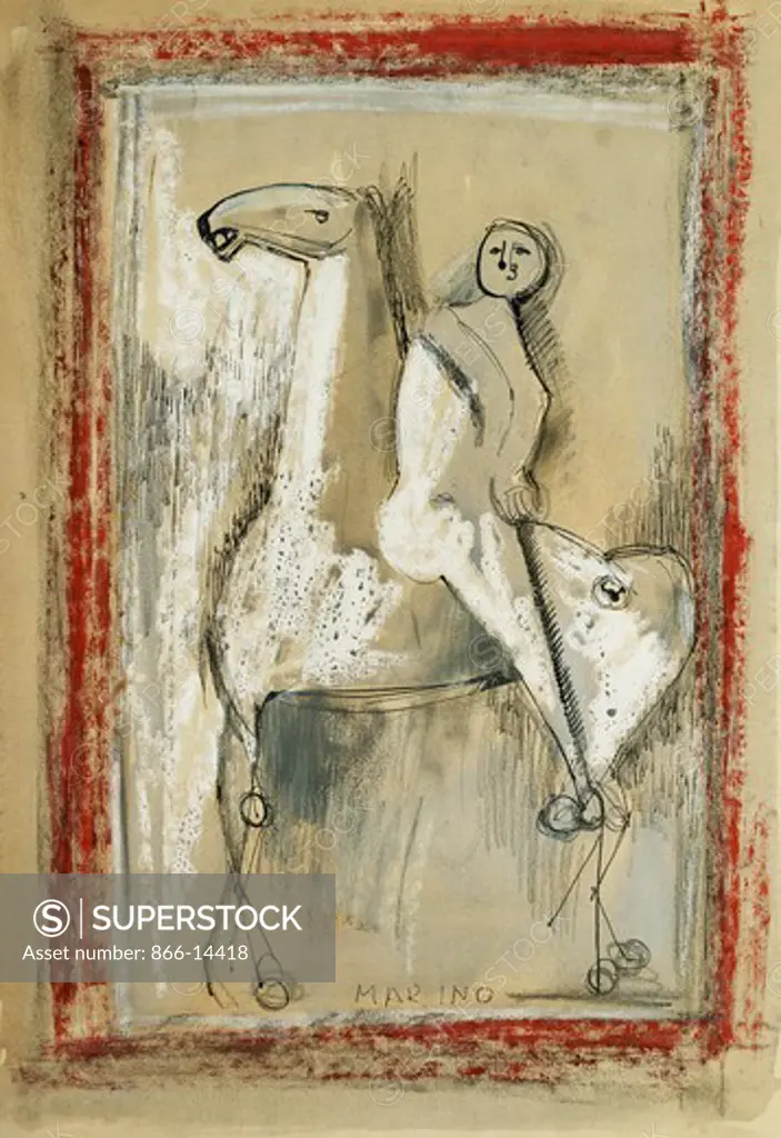 Rider; Cavaliere. Marino Marini (1901-1980). Gouache, coloured crayon, pen and black ink and wash heightened with white on paper. Dated circa early 1950s. 49.8 x 34.9cm.