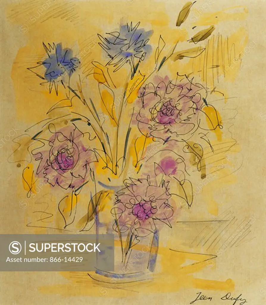Vase of Flowers; Vase de Fleurs. Jean Dufy (1888-1964). Watercolour, pen and black ink and pencil on paper. Executed circa 1925. 31.7 x 27.9cm.