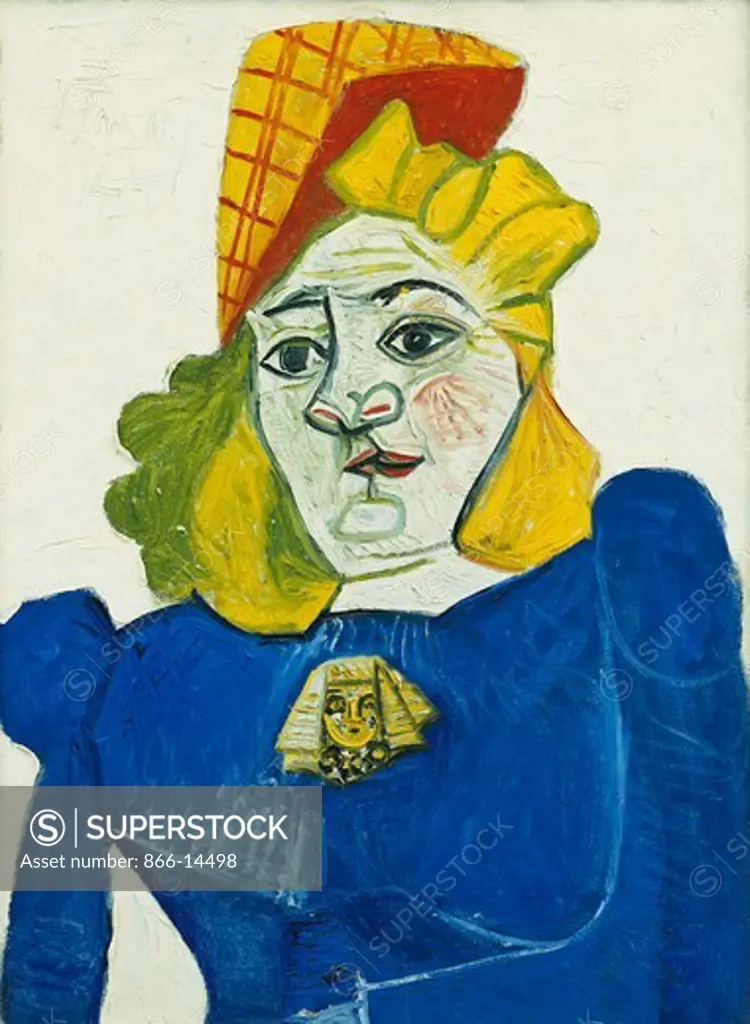 Woman with a Sphinx Headed Brooch; Femme a la Broche en Tete de Sphinx. Pablo Picasso (1881-1973). Oil on canvas. Painted on 17 March 1944. 80 x 59.7cm.