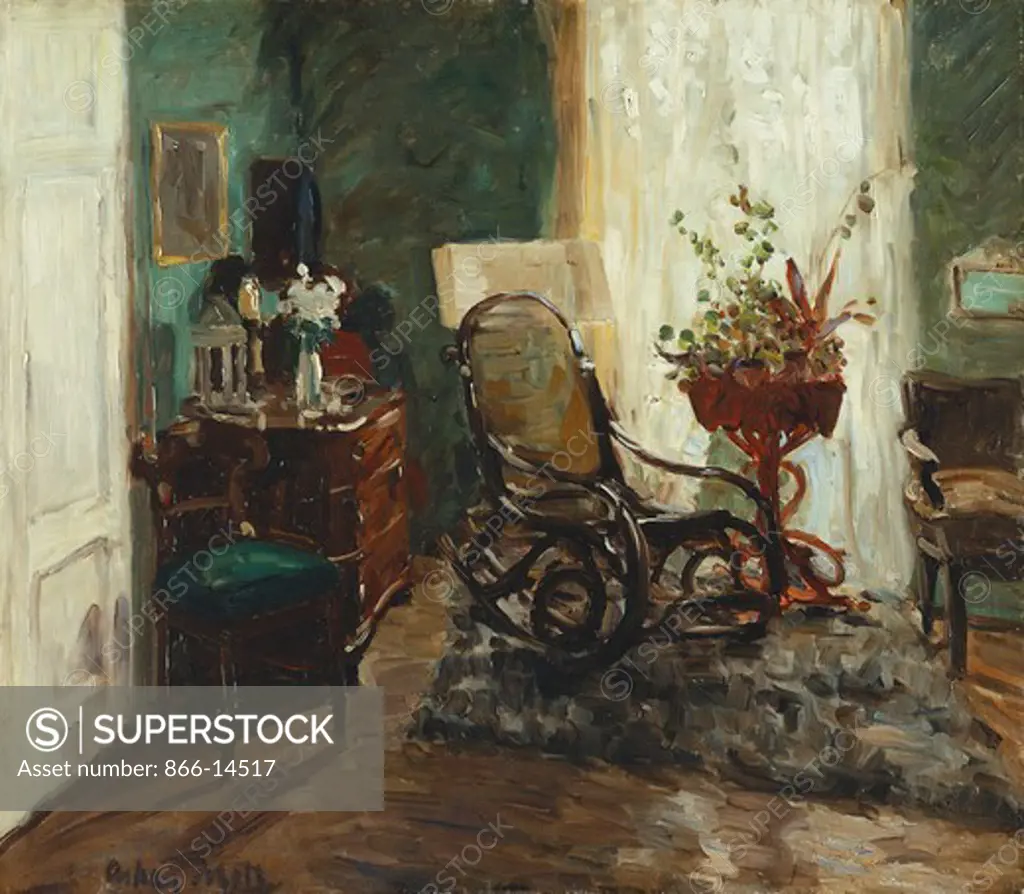 Interior with Rocking Chair; Interieur mit Schaukelstuhl. Oskar Moll (1875-1947). Oil on canvas. 70.2 x 80cm.