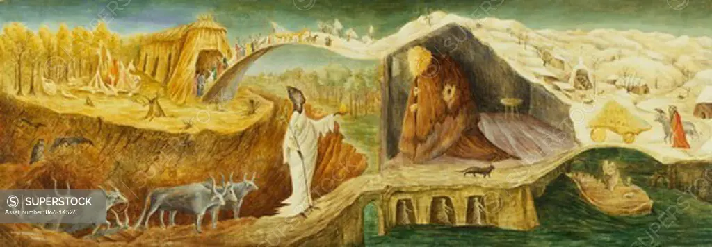 The Elements. Leonora Carrington (1917-2011). Oil on panel. Painted in March 1946. 35.5 x 99.7cm.
