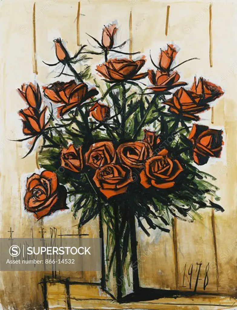 Red Roses, Crystal Vase; Roses Rouges, Vase en Cristal. Bernard Buffet (1928-1999). Oil on canvas. Painted in 1978. 116.5 x 89cm.