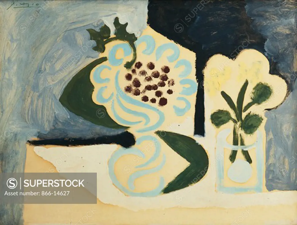 Still Life with Fruit Bowl and Flowers; Nature Morte au Compotier et aux Fleurs. Pablo Picasso (1881-1973). Oil on board. Painted on 16 October 1946 in Antibes. 50.5 x 66cm.